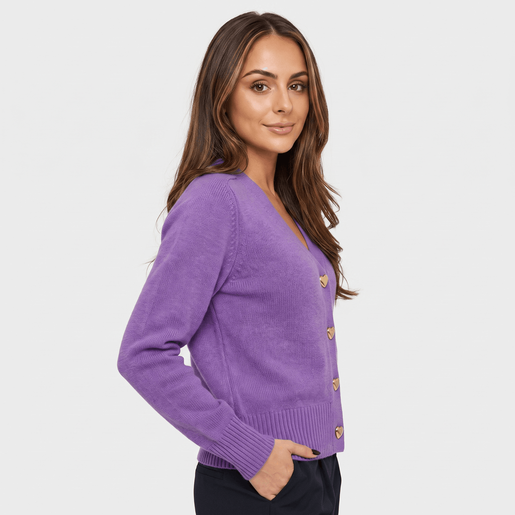 Leila V-Neck Soft Knit Cardigan – Heart Button Topper
