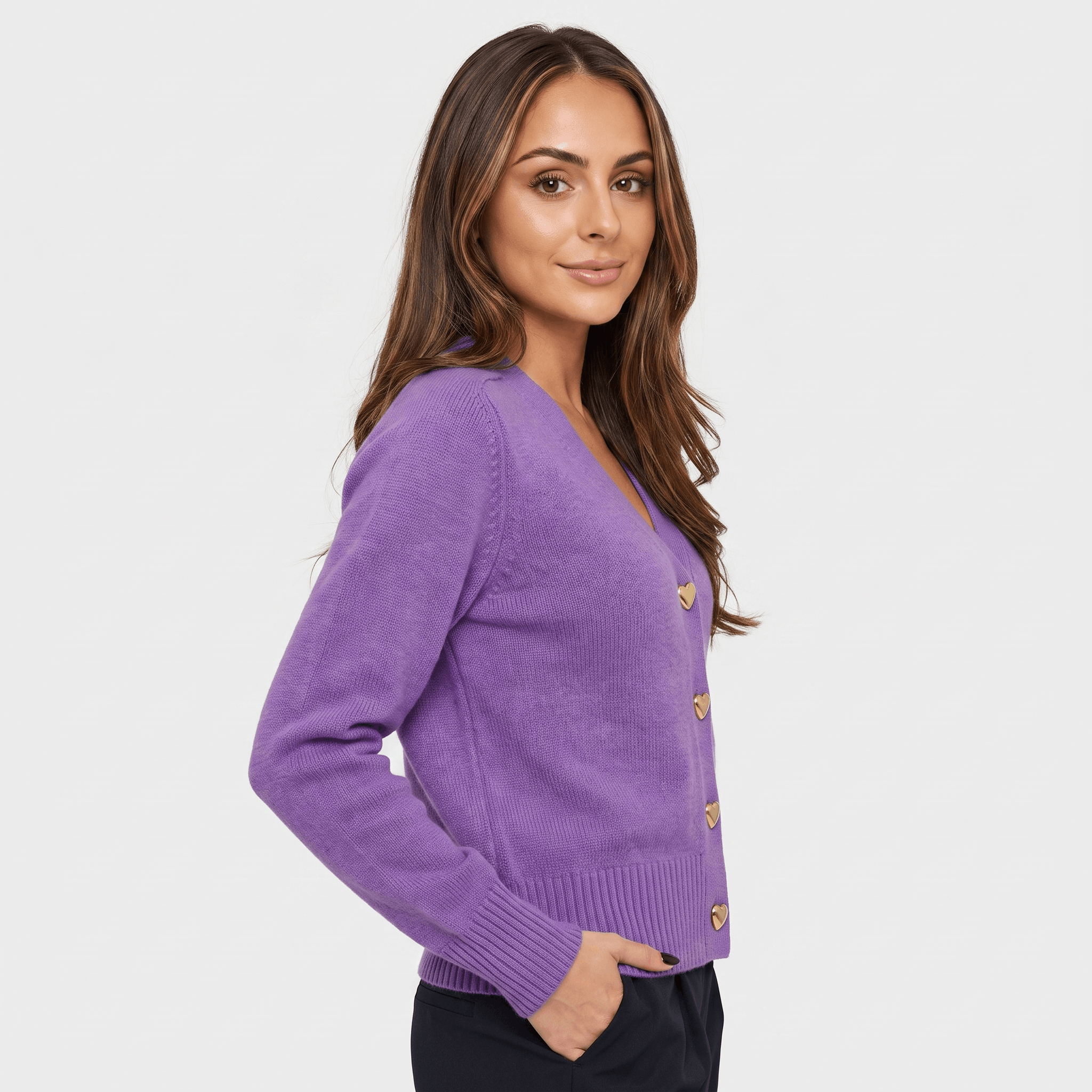 Leila V-Neck Soft Knit Cardigan – Heart Button Topper
