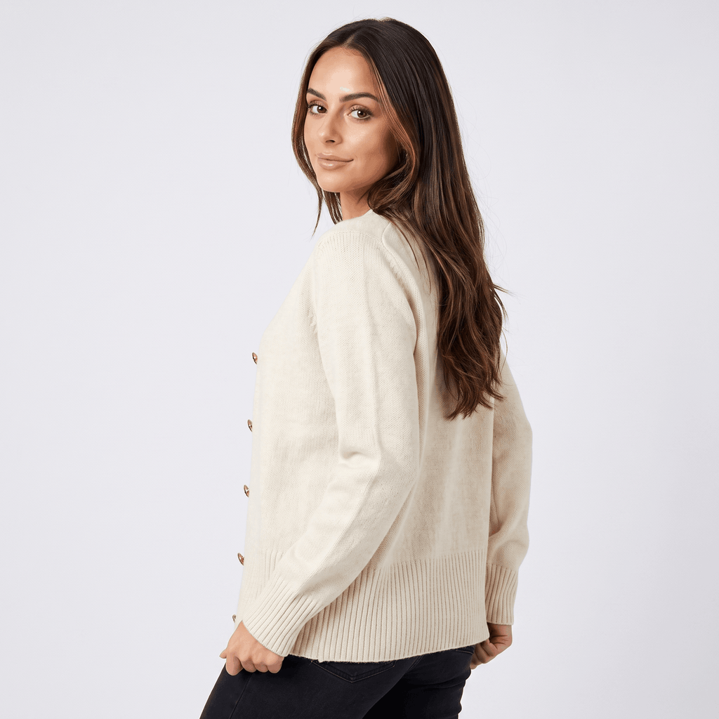 Leila V-Neck Soft Knit Cardigan – Heart Button Topper