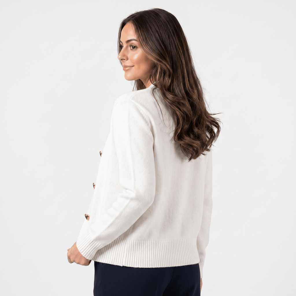Leila V-Neck Soft Knit Cardigan – Heart Button Topper