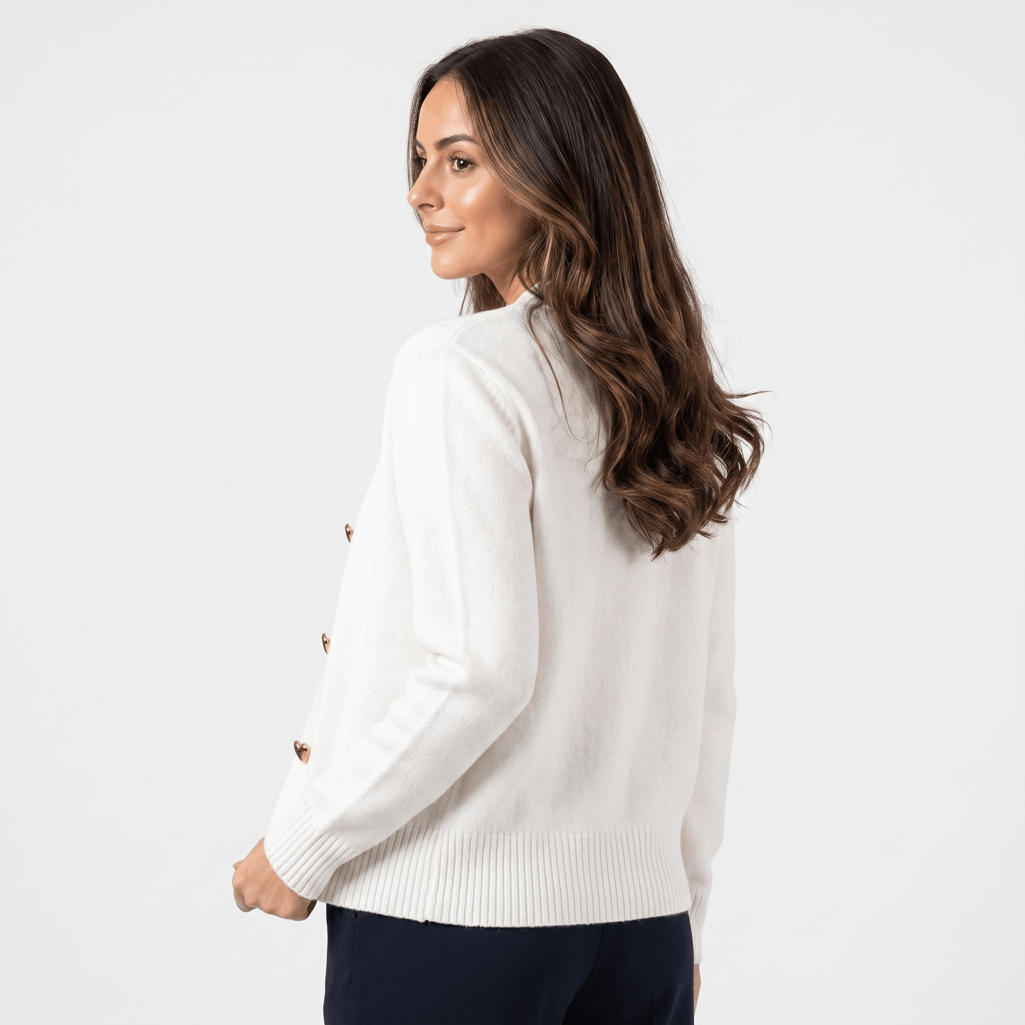 Leila V-Neck Soft Knit Cardigan – Heart Button Topper