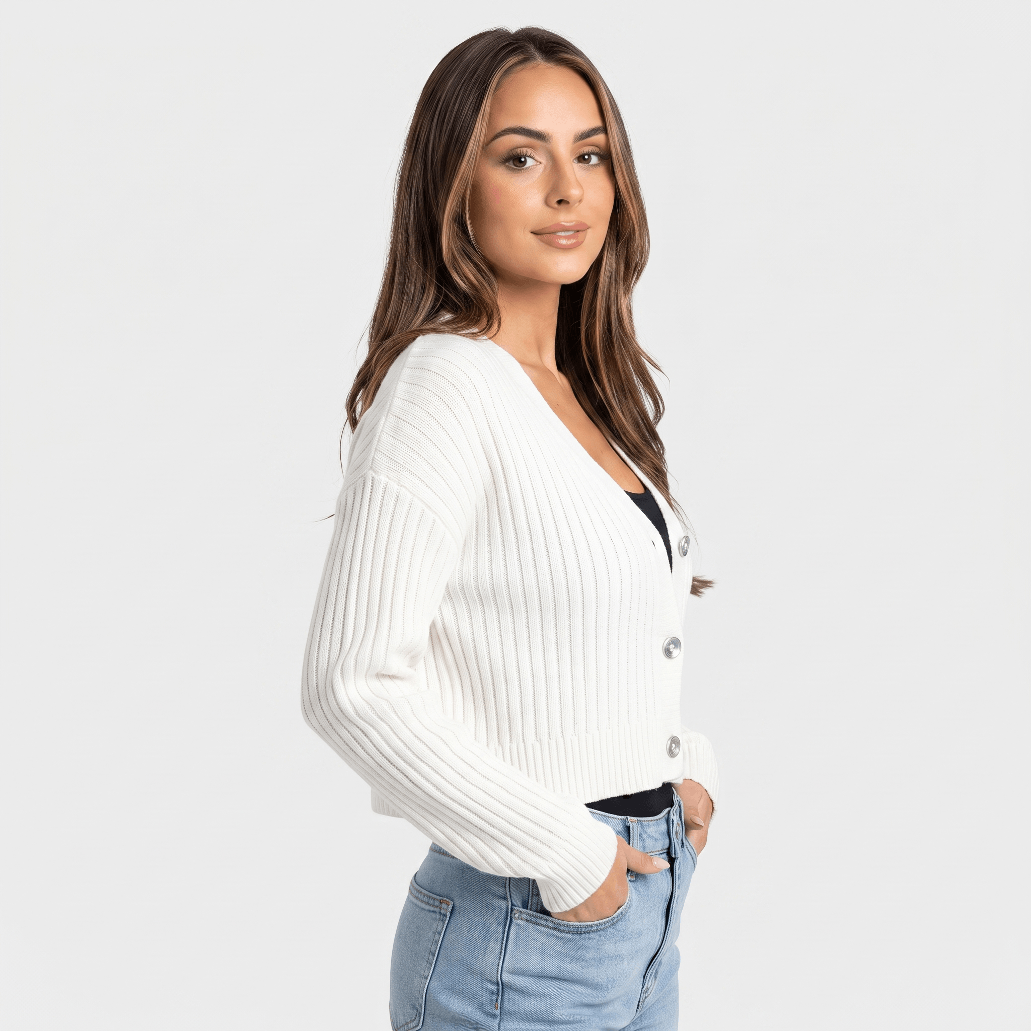 Bianca Cropped Ribbed Knit Cardigan – V-Neck Button Front Layer