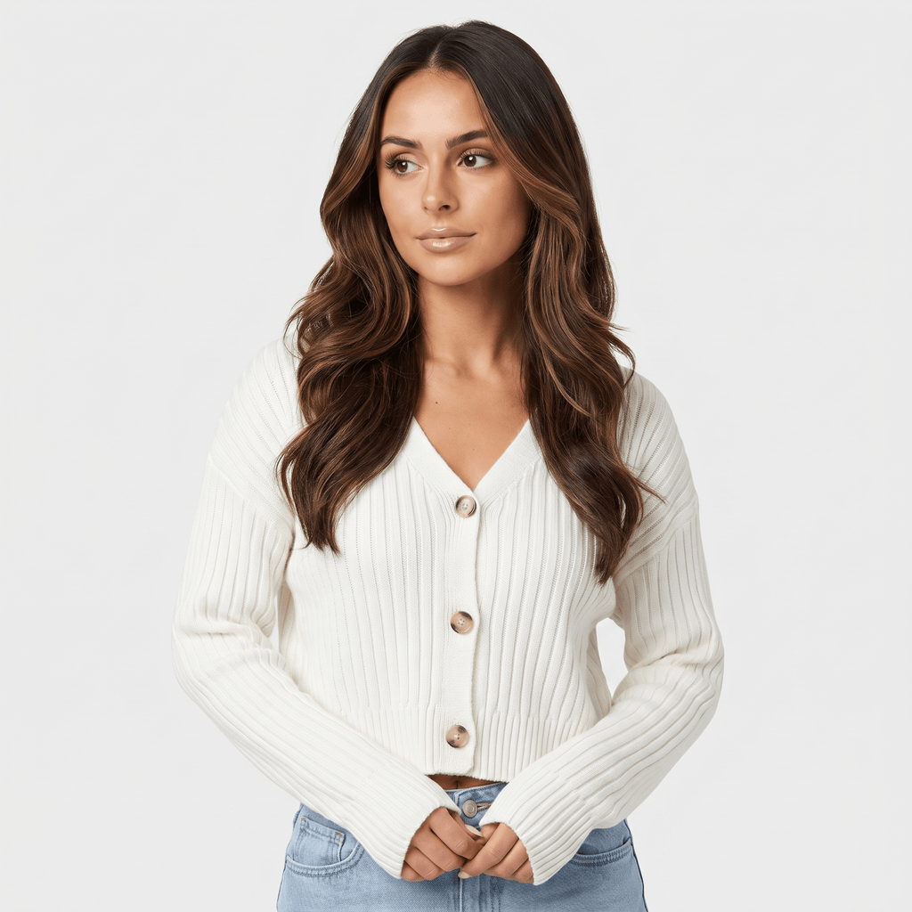 Bianca Cropped Ribbed Knit Cardigan – V-Neck Button Front Layer