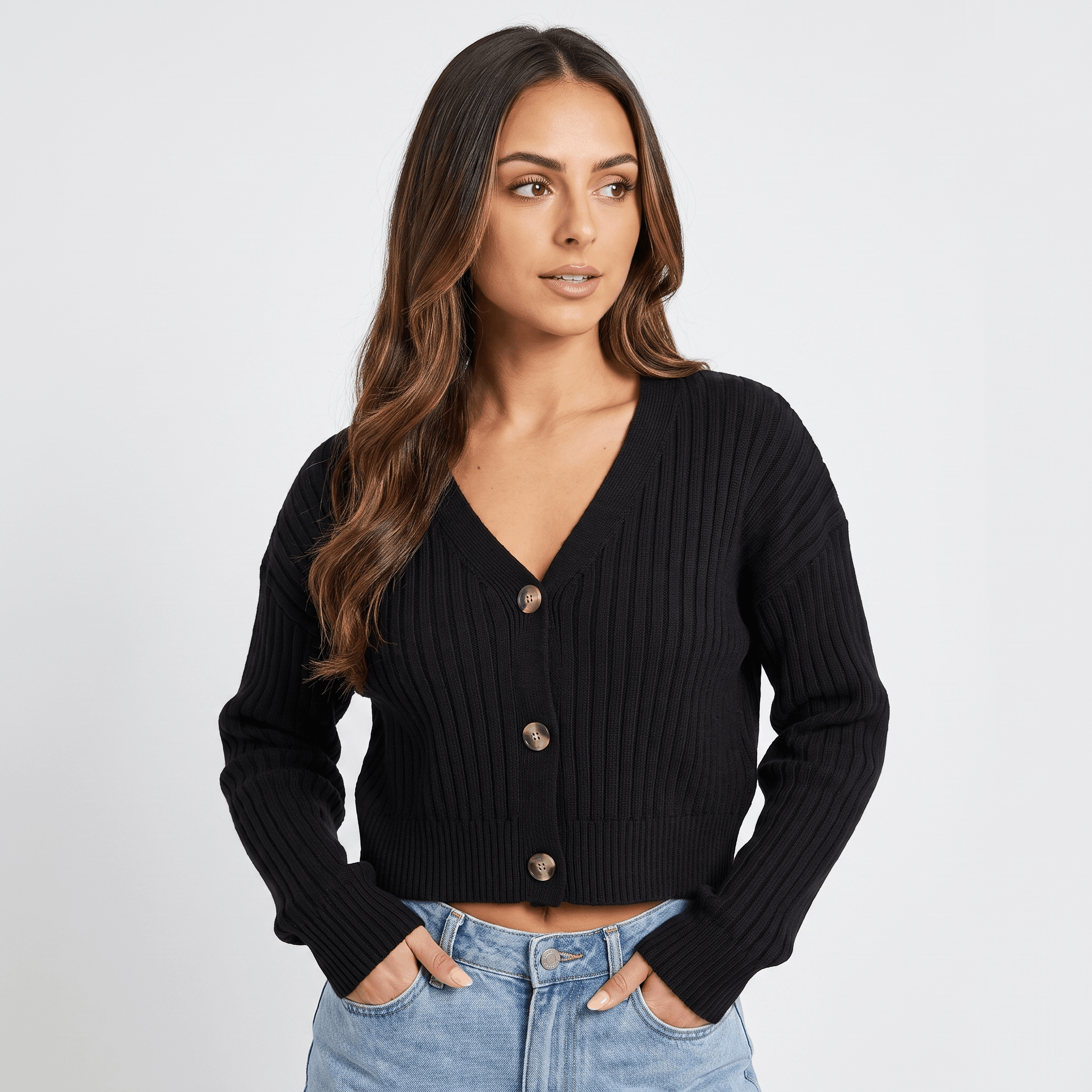 Bianca Cropped Ribbed Knit Cardigan – V-Neck Button Front Layer