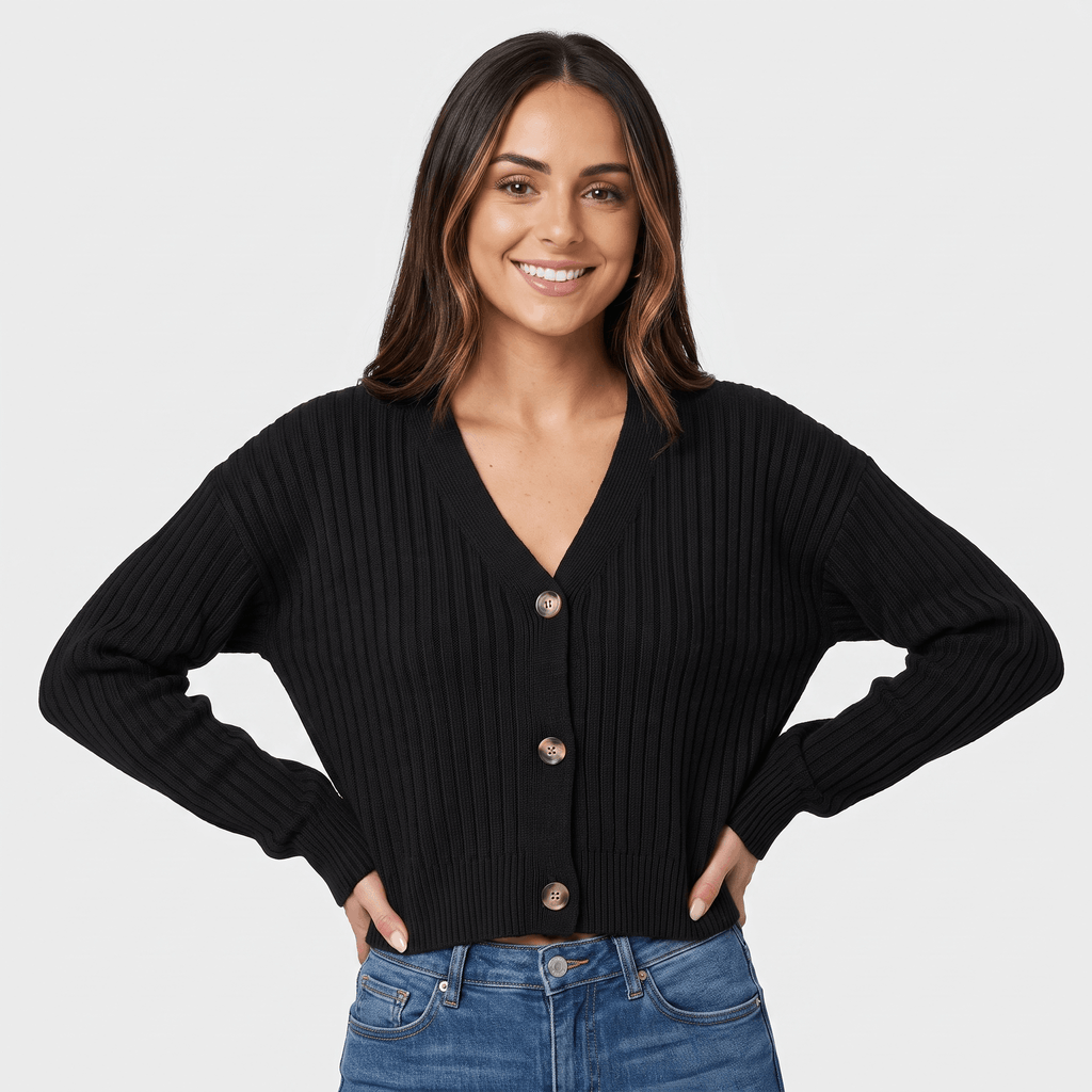 Bianca Cropped Ribbed Knit Cardigan – V-Neck Button Front Layer