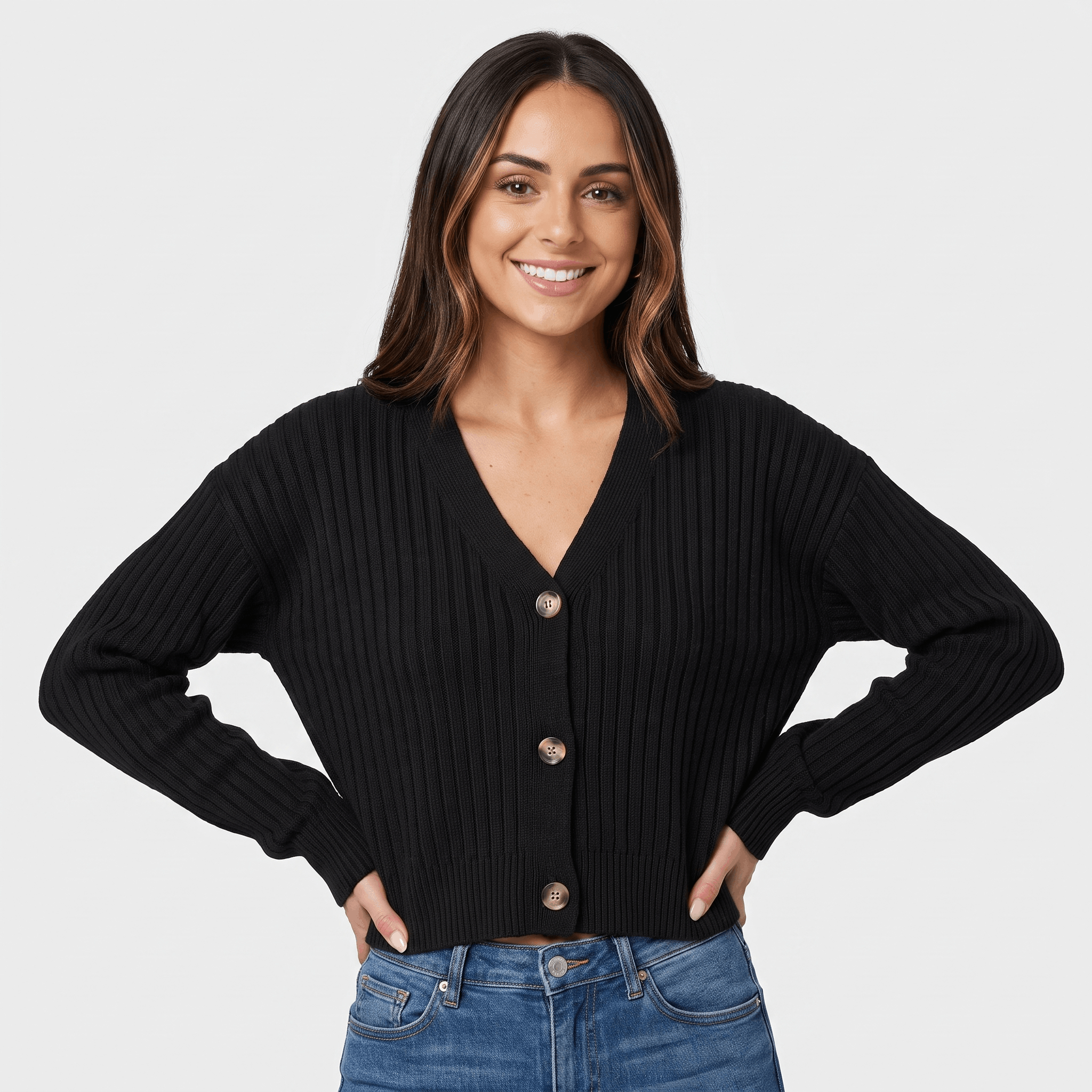 Bianca Cropped Ribbed Knit Cardigan – V-Neck Button Front Layer