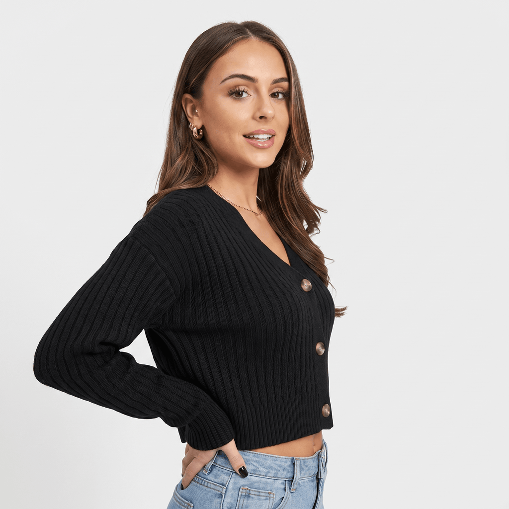 Bianca Cropped Ribbed Knit Cardigan – V-Neck Button Front Layer