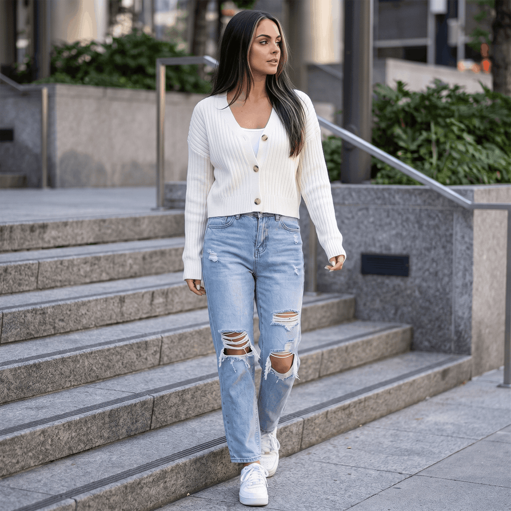Bianca Cropped Ribbed Knit Cardigan – V-Neck Button Front Layer