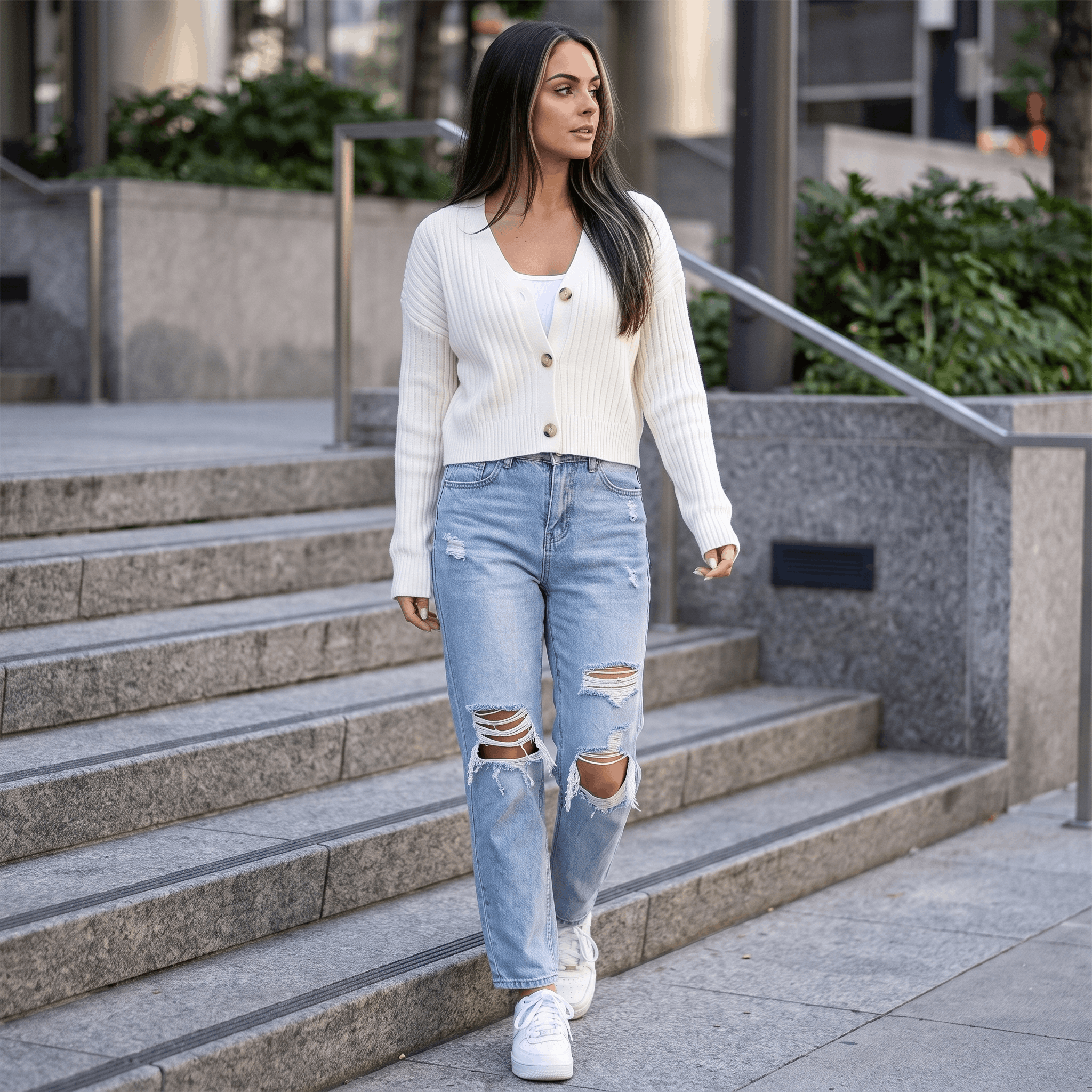 Bianca Cropped Ribbed Knit Cardigan – V-Neck Button Front Layer