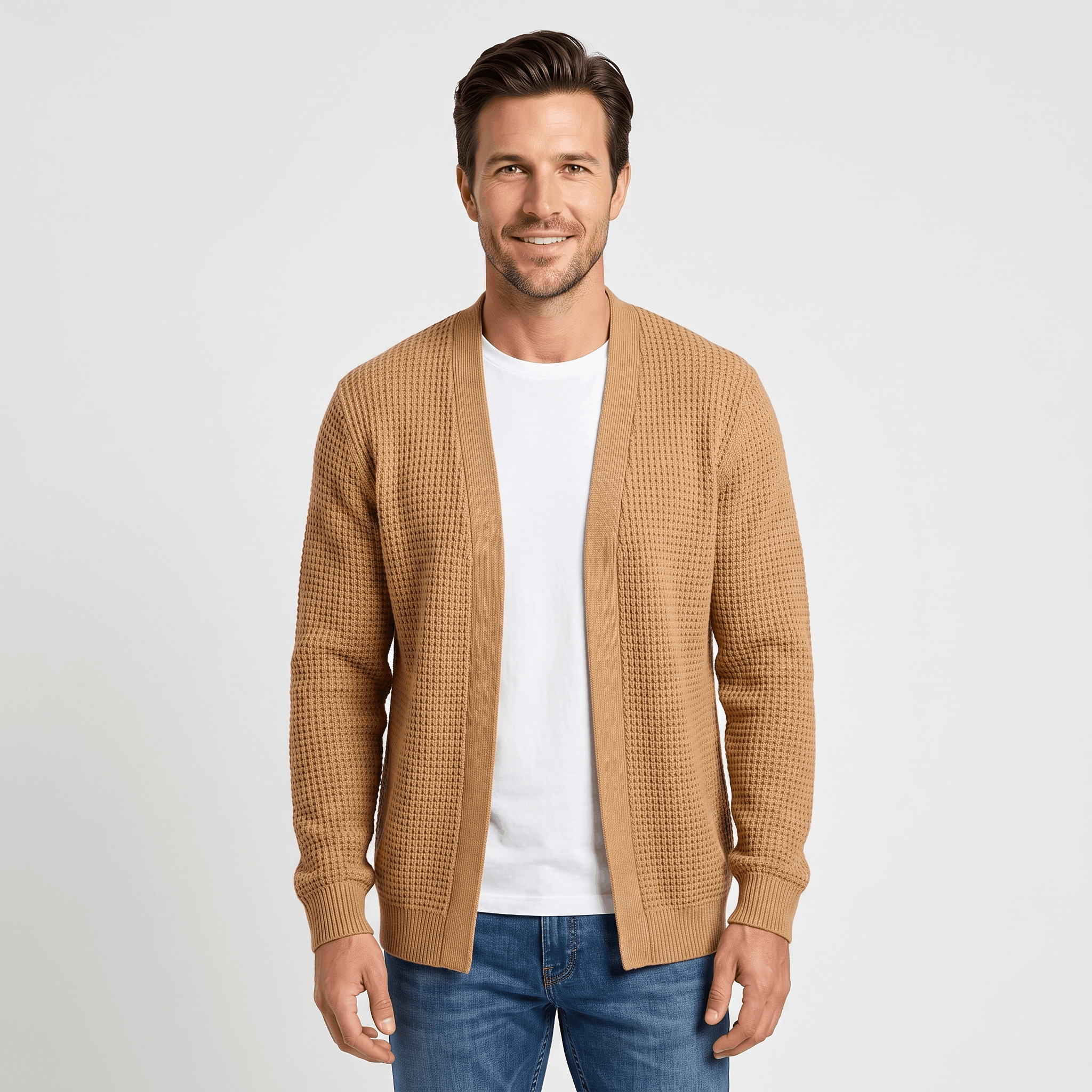 Alberto Honeycomb Knit Cardigan – Open Front Pocket Layer