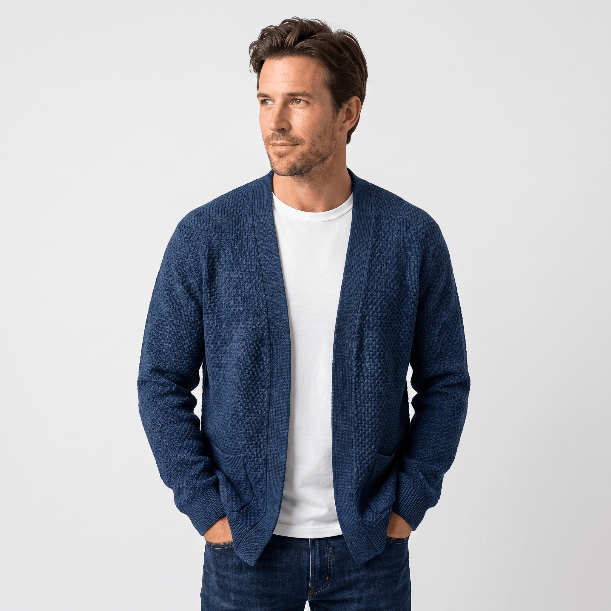 Alberto Honeycomb Knit Cardigan – Open Front Pocket Layer