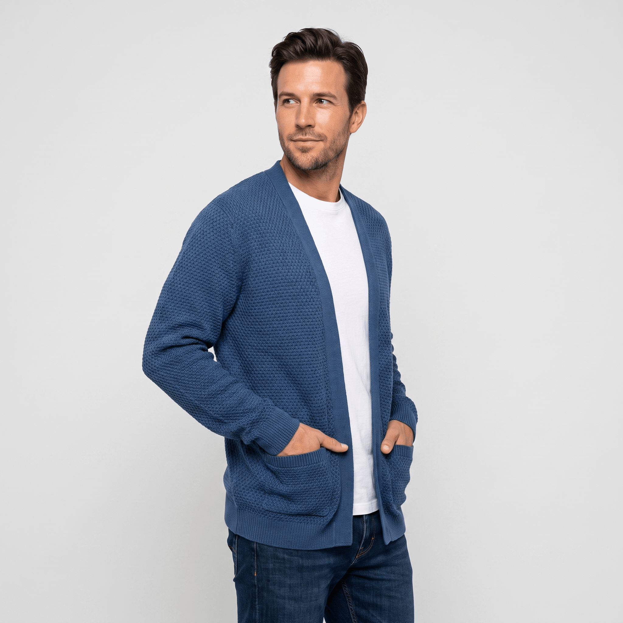 Alberto Honeycomb Knit Cardigan – Open Front Pocket Layer