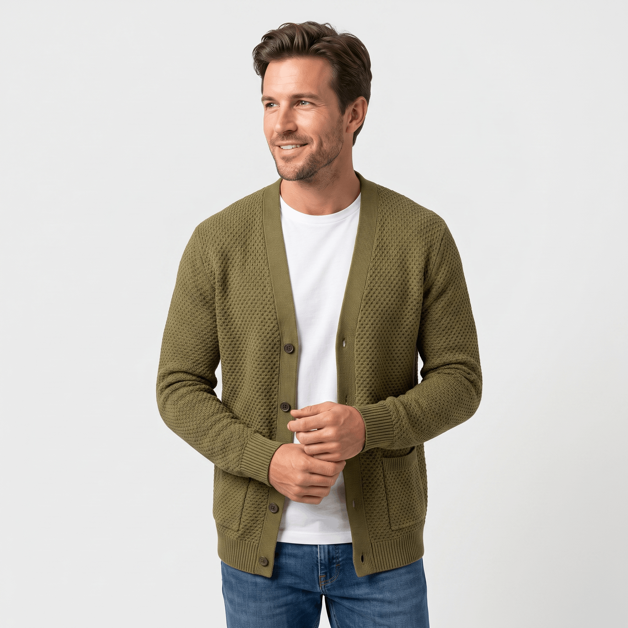 Alberto Honeycomb Knit Cardigan – Open Front Pocket Layer