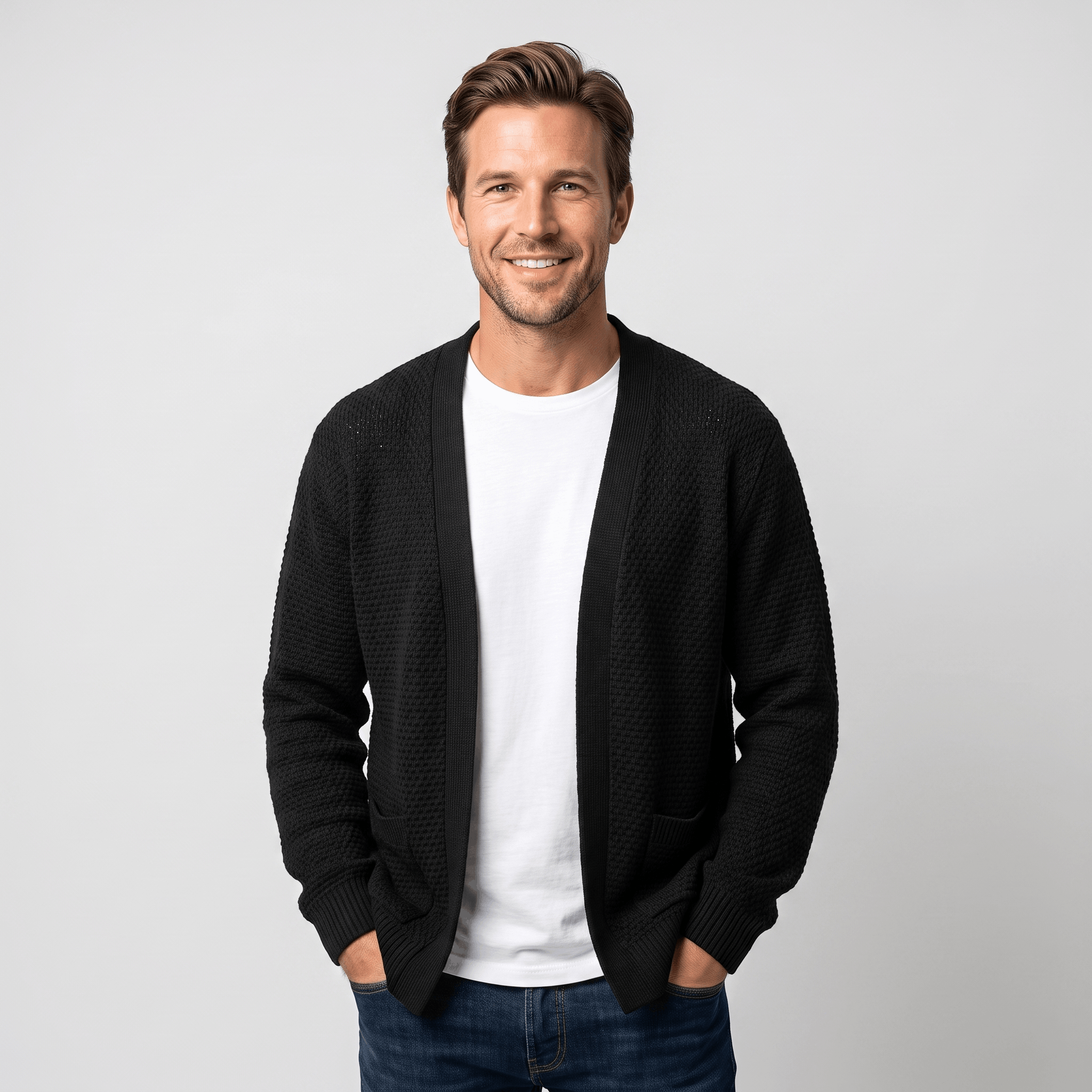 Alberto Honeycomb Knit Cardigan – Open Front Pocket Layer