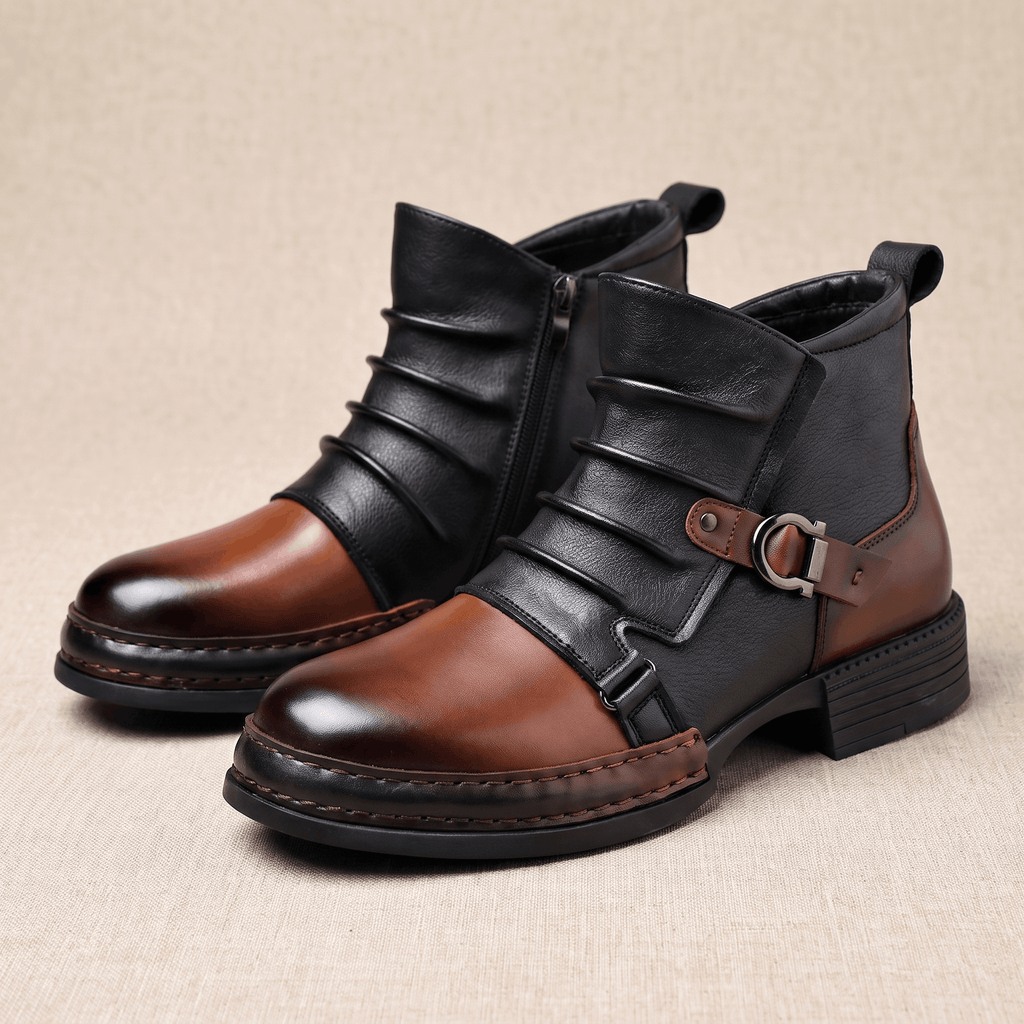 Cyrus Leather Ankle Boots – Buckled Layered Side-Zip Footwear