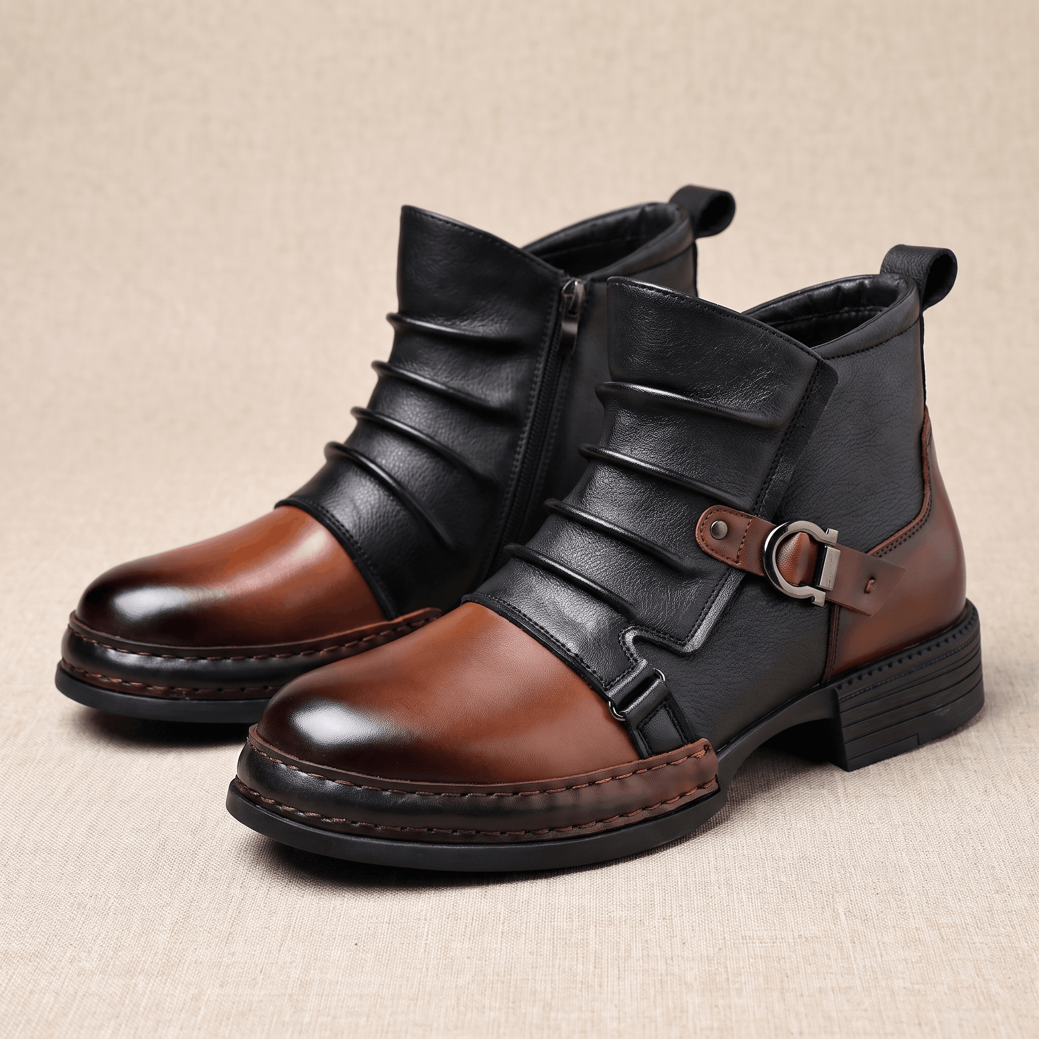 Cyrus Leather Ankle Boots – Buckled Layered Side-Zip Footwear