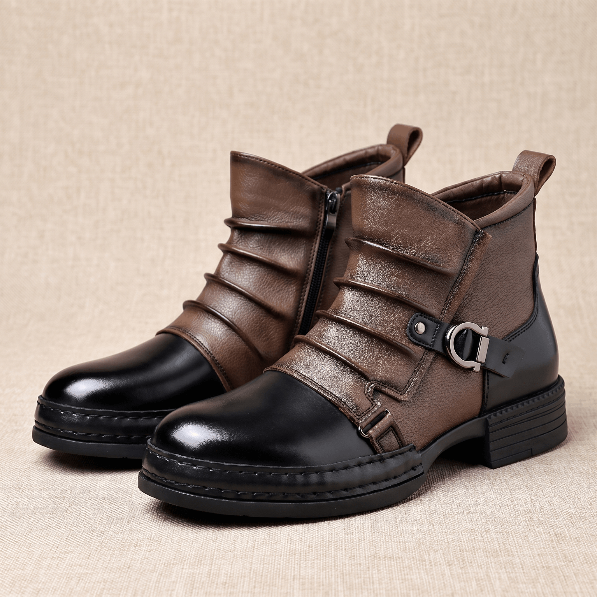 Cyrus Leather Ankle Boots – Buckled Layered Side-Zip Footwear
