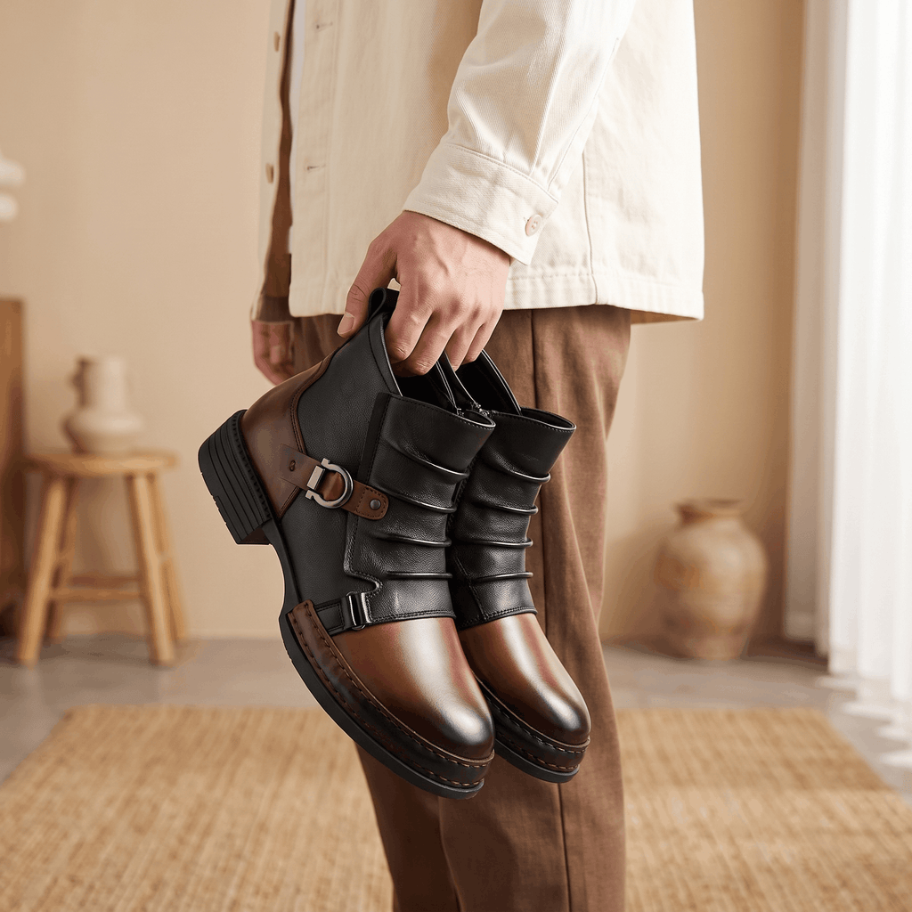 Cyrus Leather Ankle Boots – Buckled Layered Side-Zip Footwear