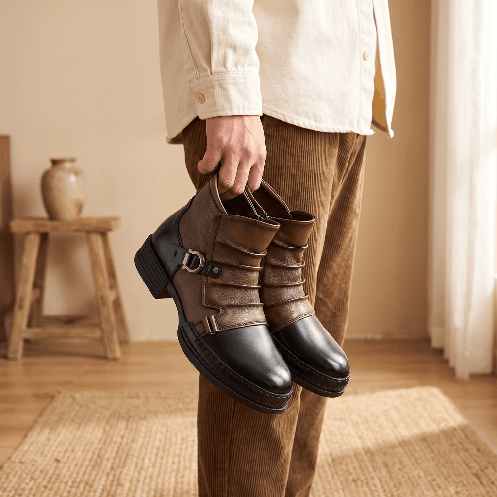Cyrus Leather Ankle Boots – Buckled Layered Side-Zip Footwear
