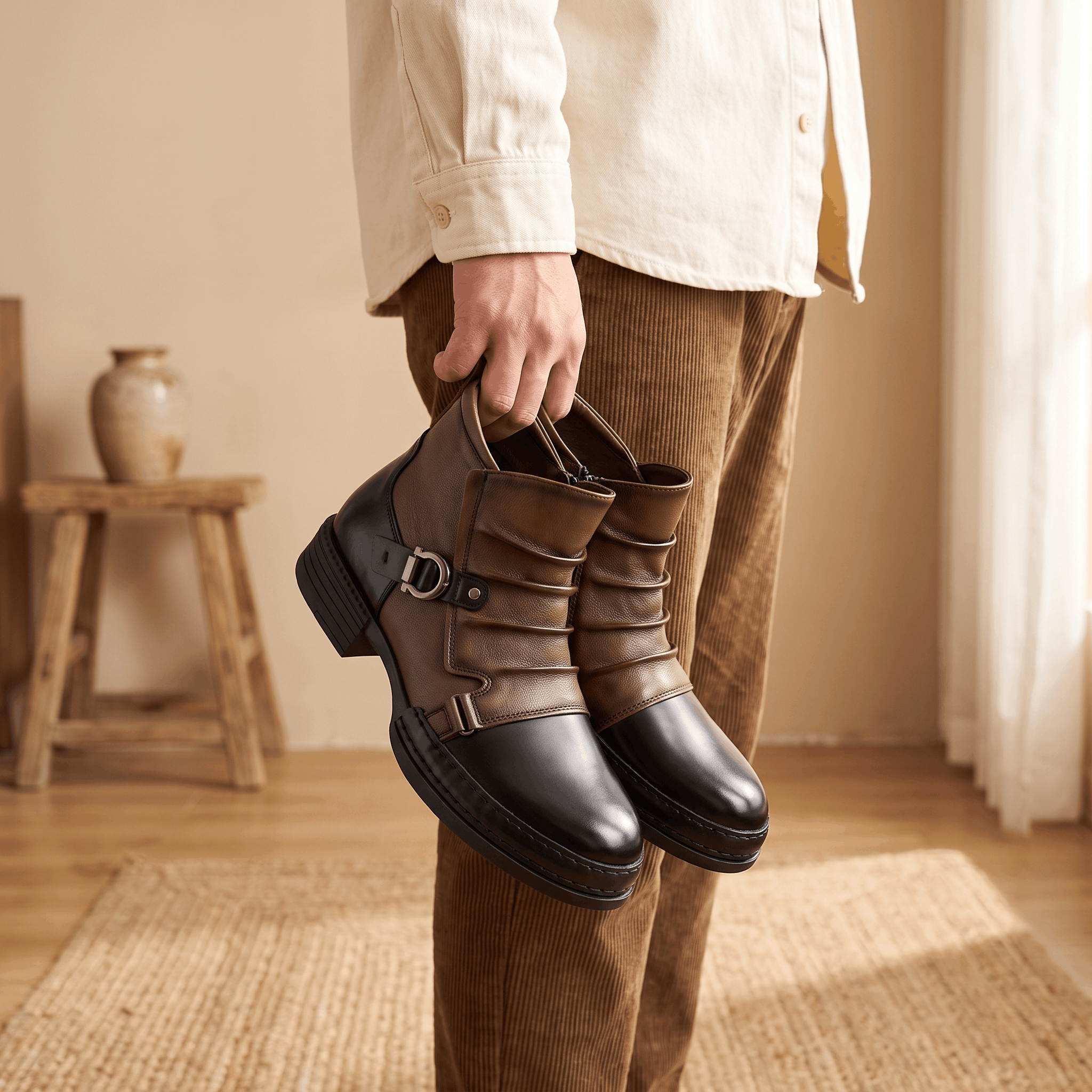 Cyrus Leather Ankle Boots – Buckled Layered Side-Zip Footwear