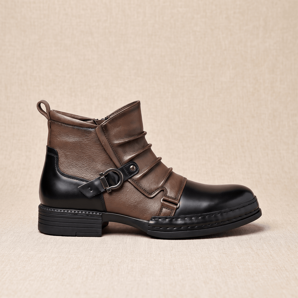 Cyrus Leather Ankle Boots – Buckled Layered Side-Zip Footwear
