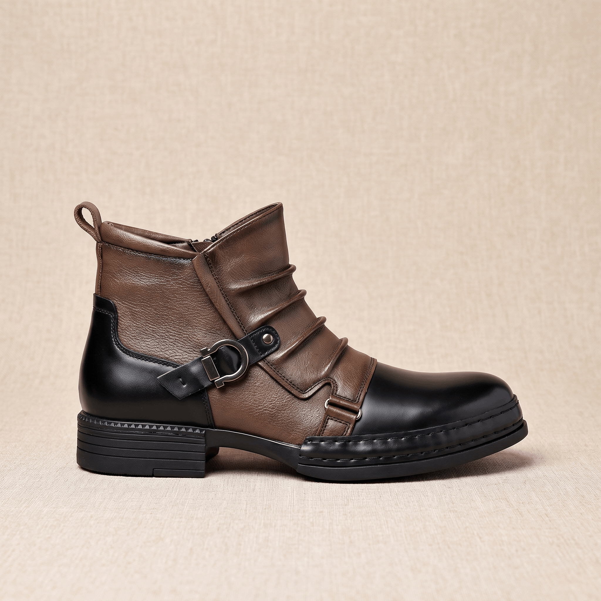 Cyrus Leather Ankle Boots – Buckled Layered Side-Zip Footwear