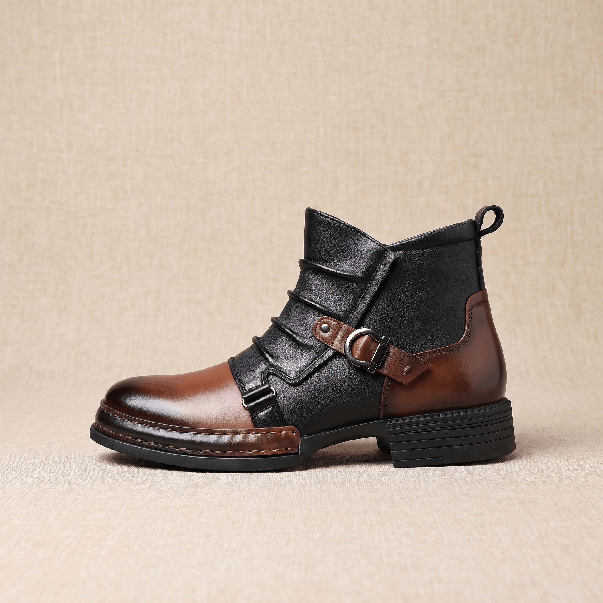 Cyrus Leather Ankle Boots – Buckled Layered Side-Zip Footwear