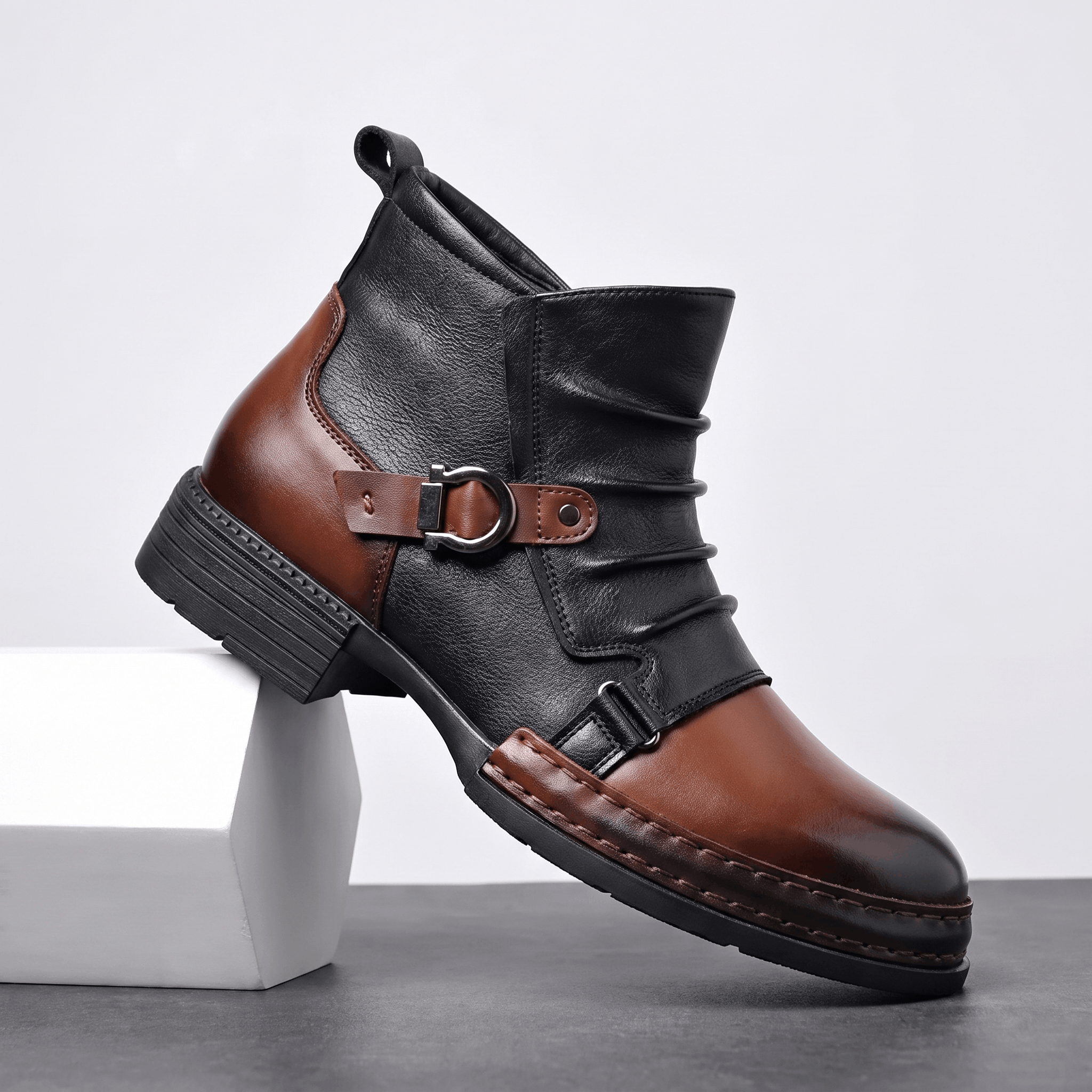 Cyrus Leather Ankle Boots – Buckled Layered Side-Zip Footwear