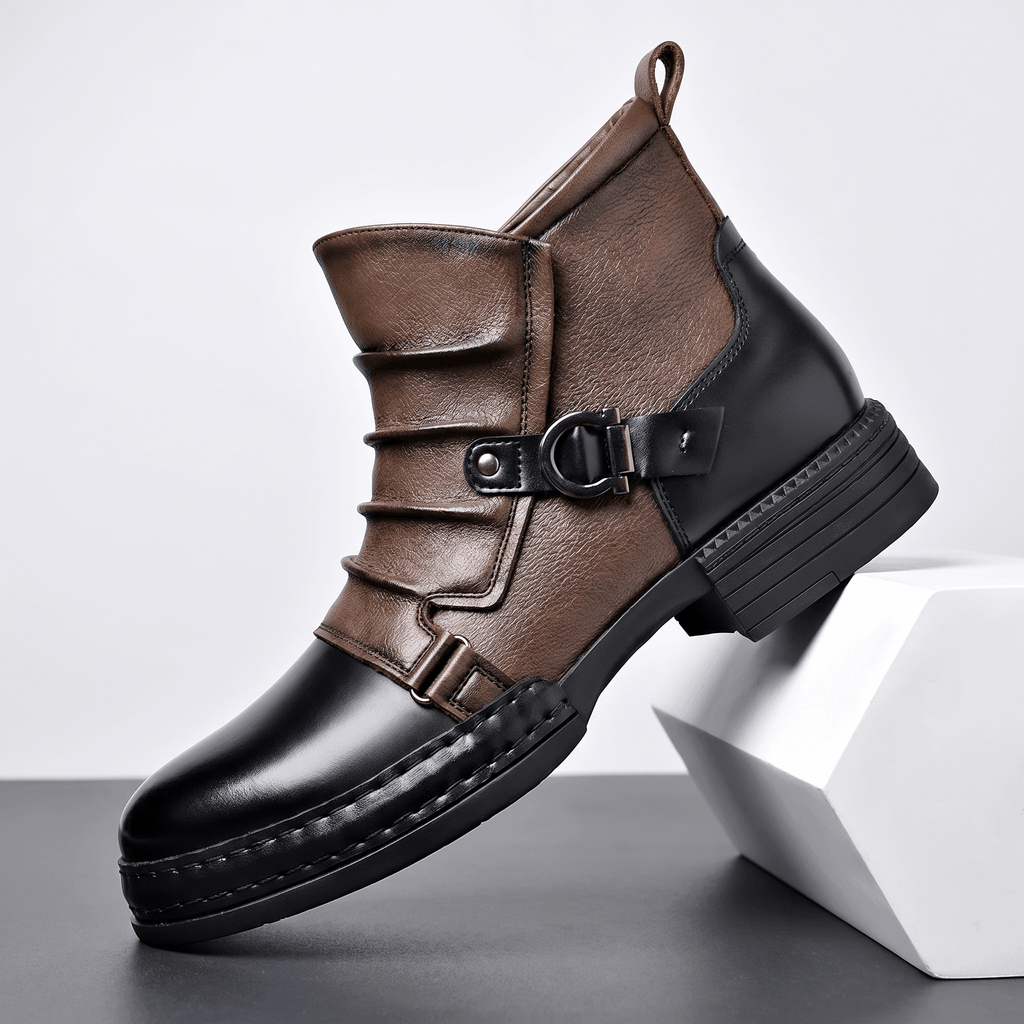 Cyrus Leather Ankle Boots – Buckled Layered Side-Zip Footwear