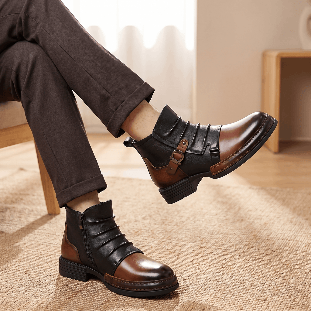 Cyrus Leather Ankle Boots – Buckled Layered Side-Zip Footwear