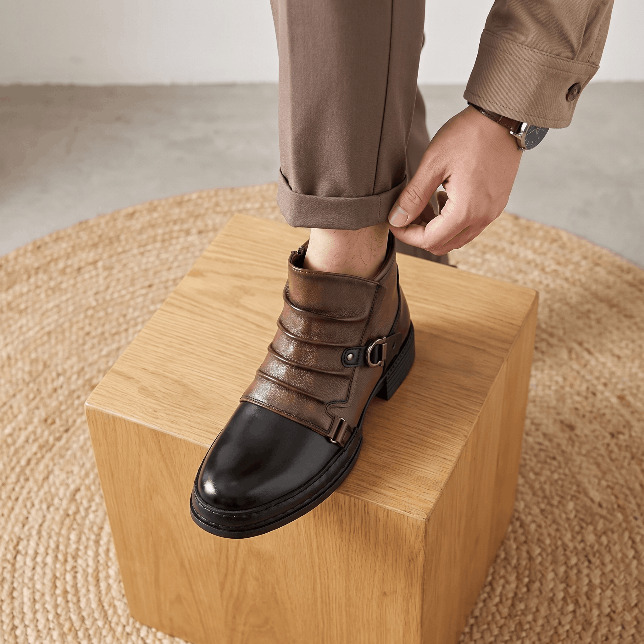 Cyrus Leather Ankle Boots – Buckled Layered Side-Zip Footwear
