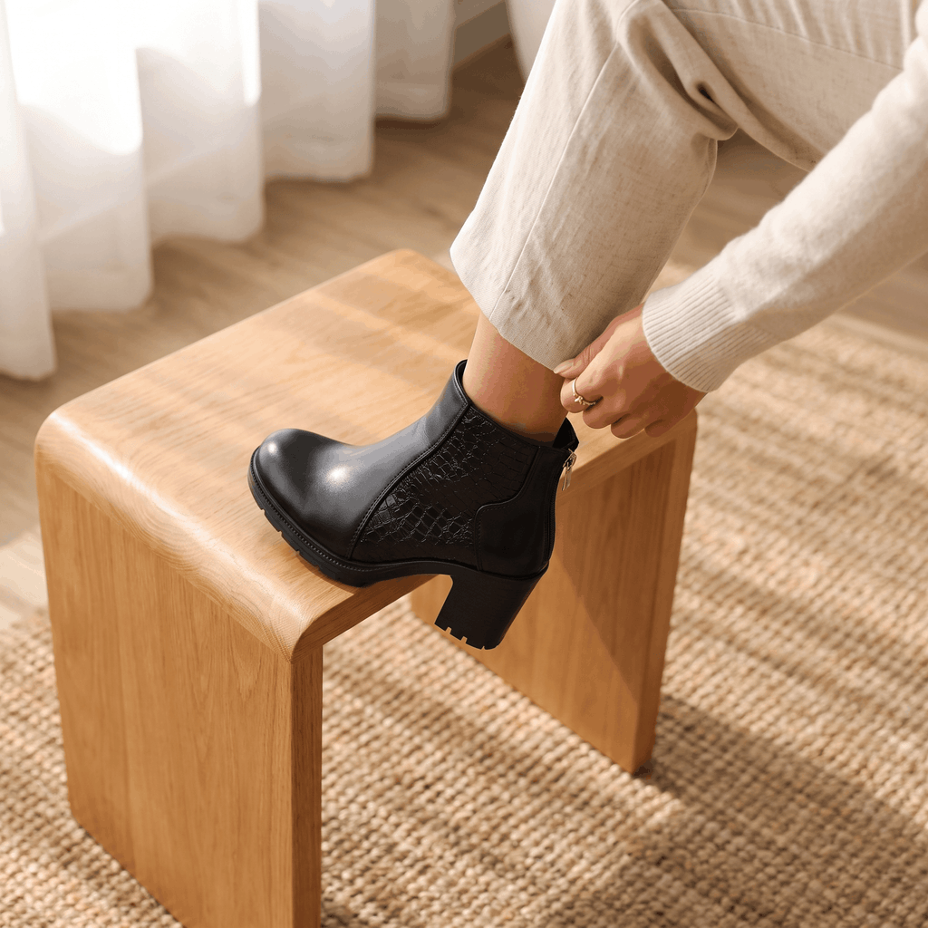 Bettina Croc-Embossed Ankle Boots – Block Heel Zip-Up Cushioned Footwear