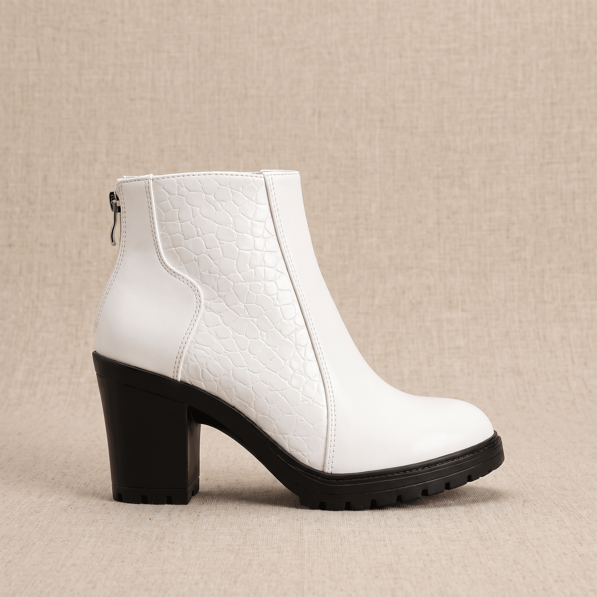 Bettina Croc-Embossed Ankle Boots – Block Heel Zip-Up Cushioned Footwear