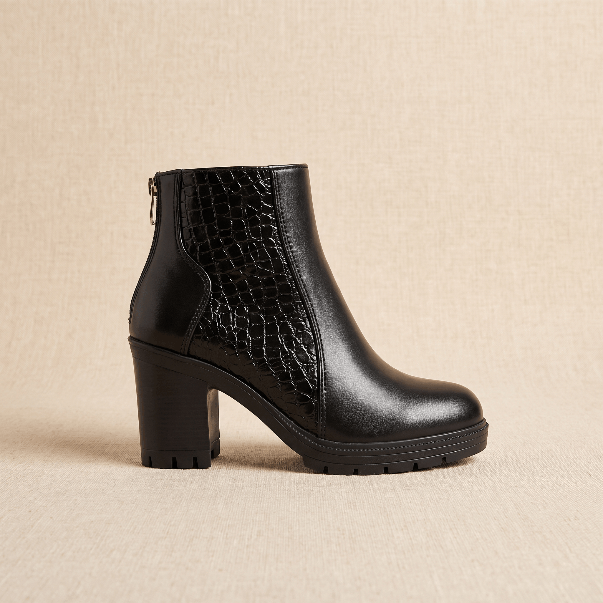 Bettina Croc-Embossed Ankle Boots – Block Heel Zip-Up Cushioned Footwear