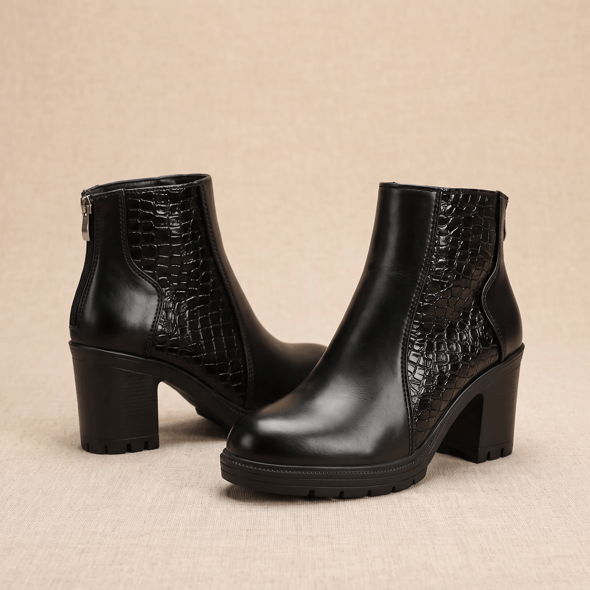 Bettina Croc-Embossed Ankle Boots – Block Heel Zip-Up Cushioned Footwear