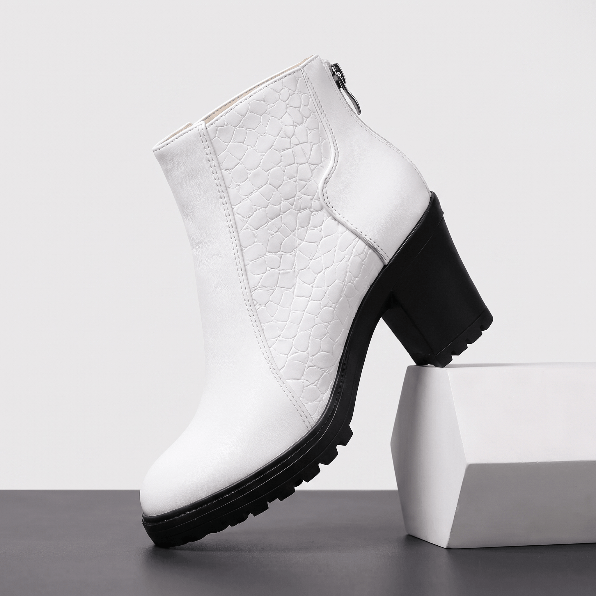 Bettina Croc-Embossed Ankle Boots – Block Heel Zip-Up Cushioned Footwear