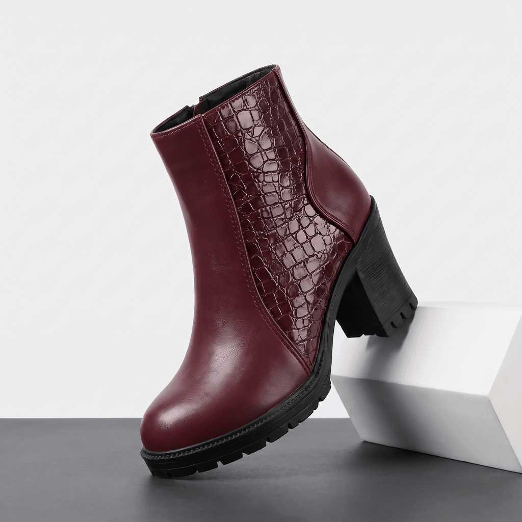 Bettina Croc-Embossed Ankle Boots – Block Heel Zip-Up Cushioned Footwear