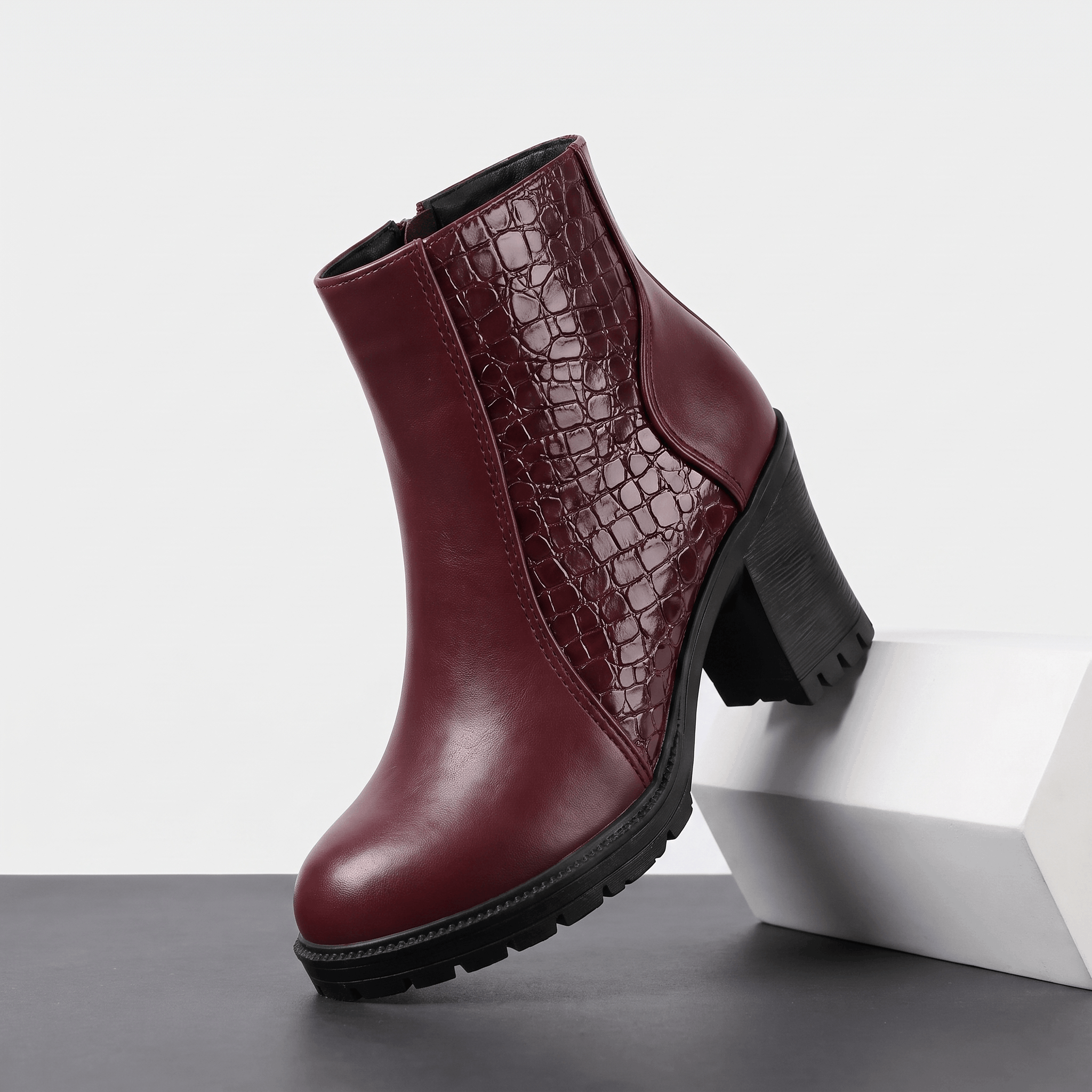 Bettina Croc-Embossed Ankle Boots – Block Heel Zip-Up Cushioned Footwear