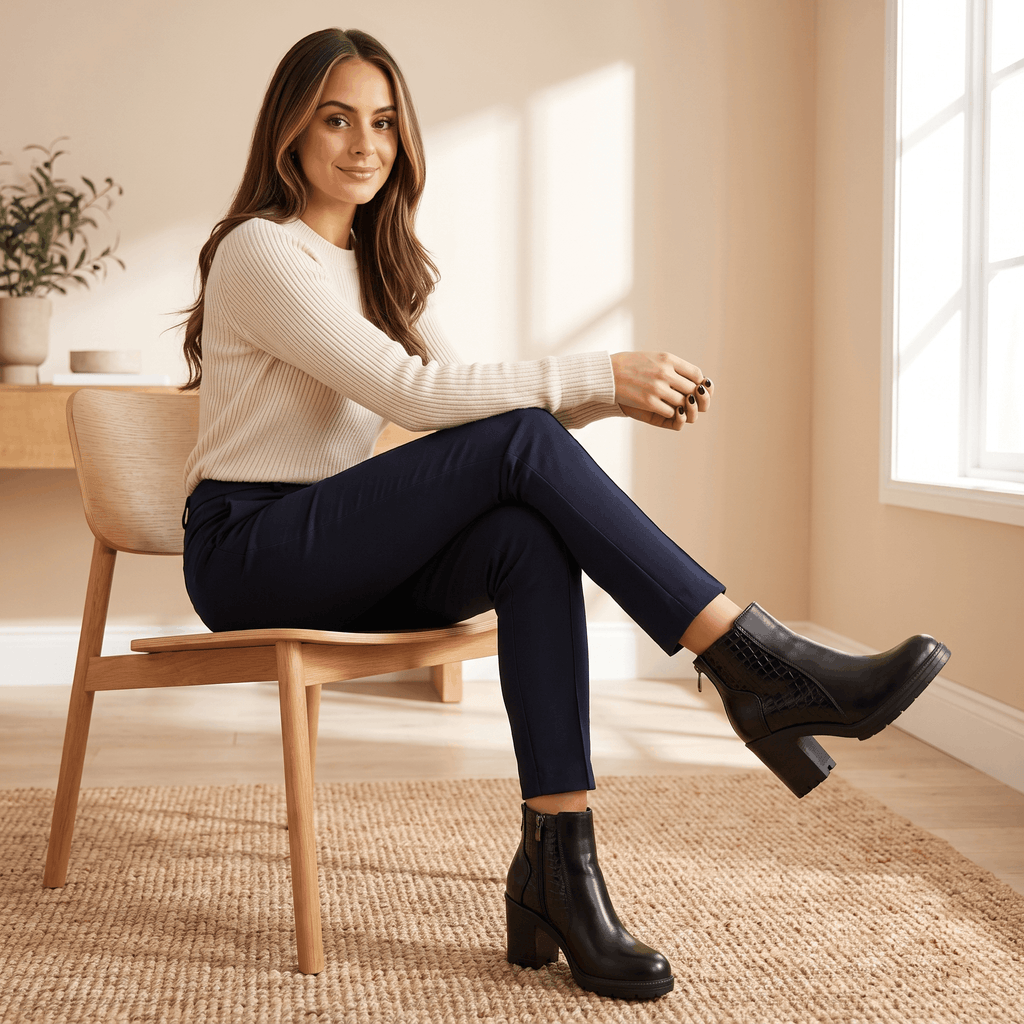 Bettina Croc-Embossed Ankle Boots – Block Heel Zip-Up Cushioned Footwear