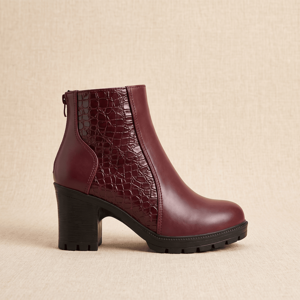 Bettina Croc-Embossed Ankle Boots – Block Heel Zip-Up Cushioned Footwear