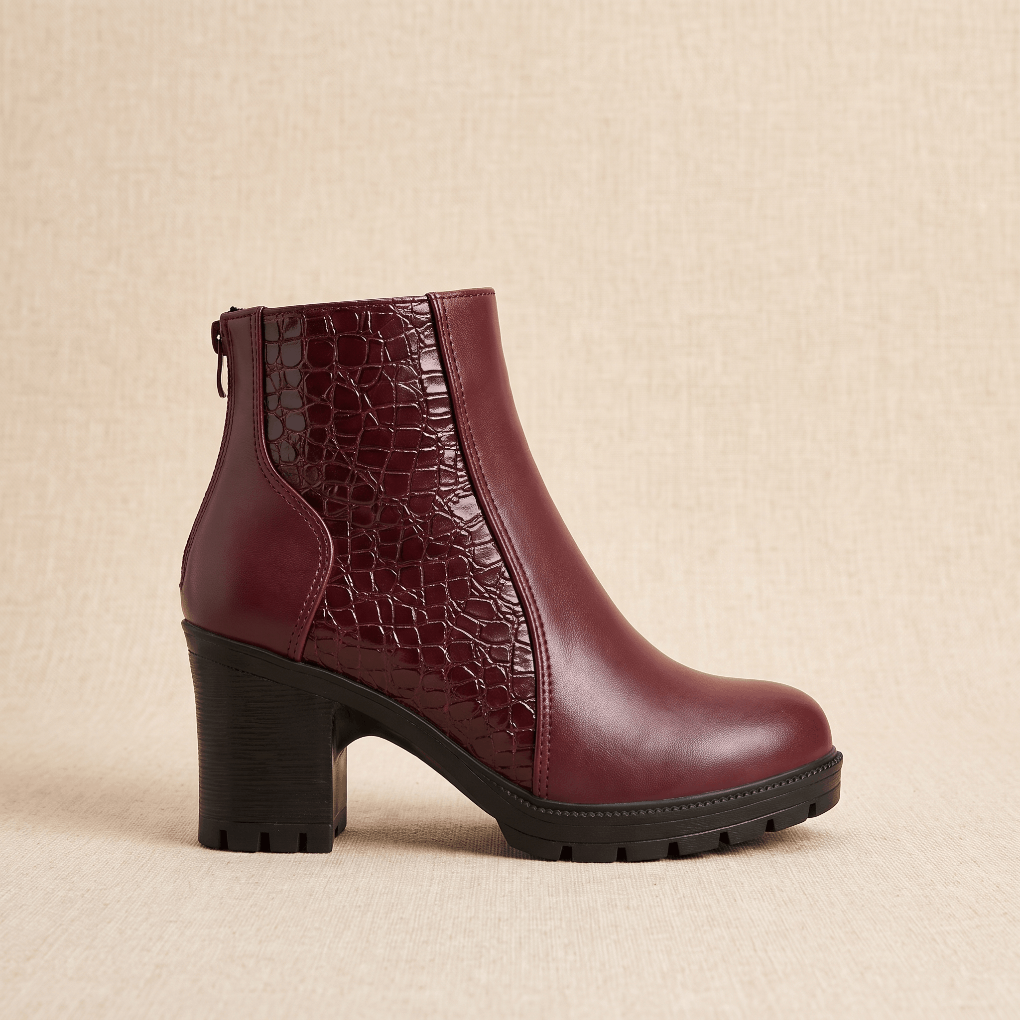 Bettina Croc-Embossed Ankle Boots – Block Heel Zip-Up Cushioned Footwear