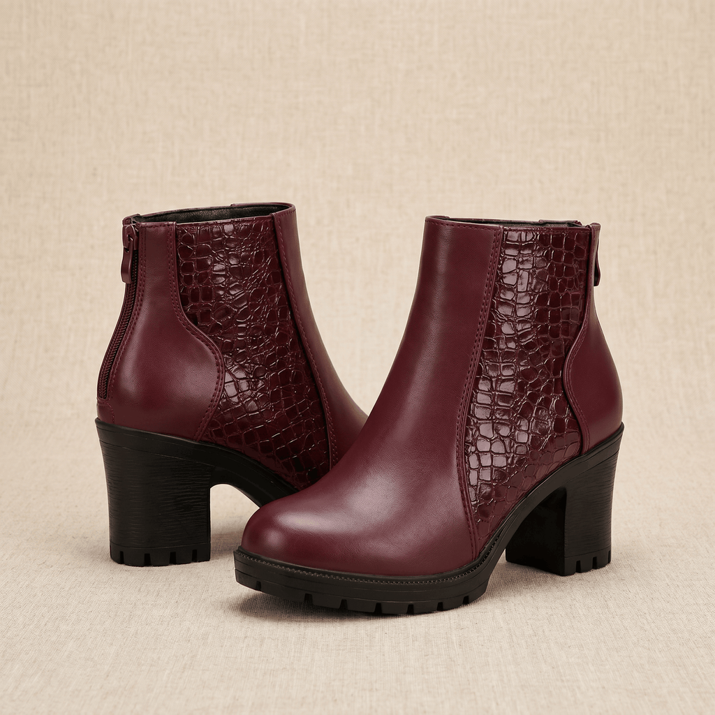 Bettina Croc-Embossed Ankle Boots – Block Heel Zip-Up Cushioned Footwear