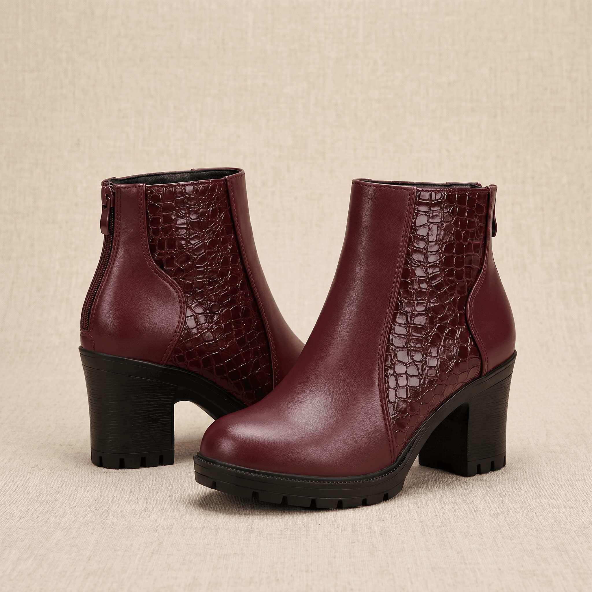 Bettina Croc-Embossed Ankle Boots – Block Heel Zip-Up Cushioned Footwear
