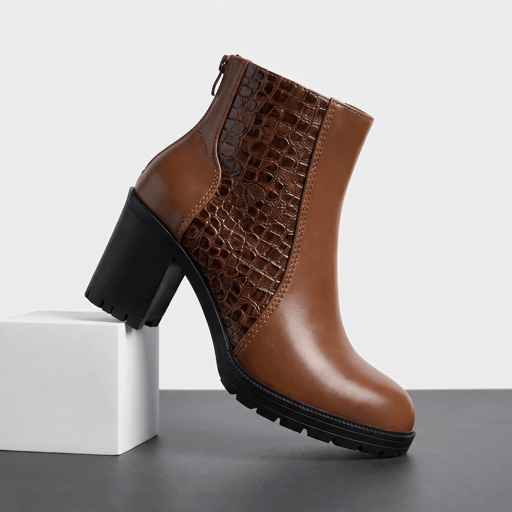Bettina Croc-Embossed Ankle Boots – Block Heel Zip-Up Cushioned Footwear