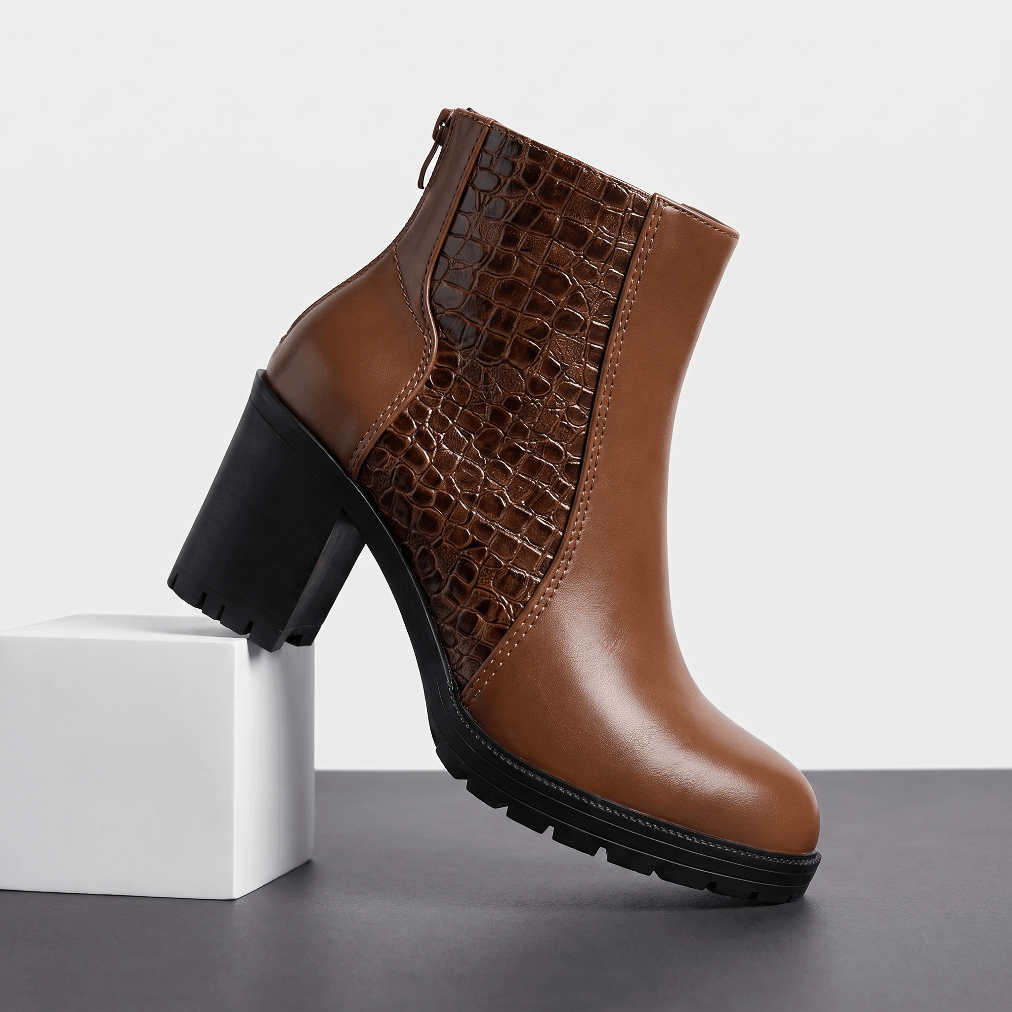 Bettina Croc-Embossed Ankle Boots – Block Heel Zip-Up Cushioned Footwear