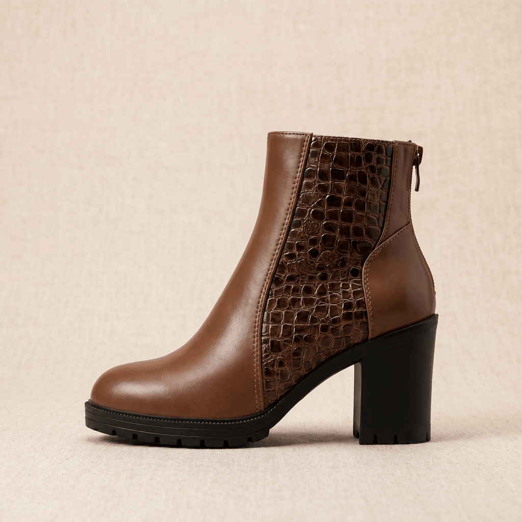 Bettina Croc-Embossed Ankle Boots – Block Heel Zip-Up Cushioned Footwear