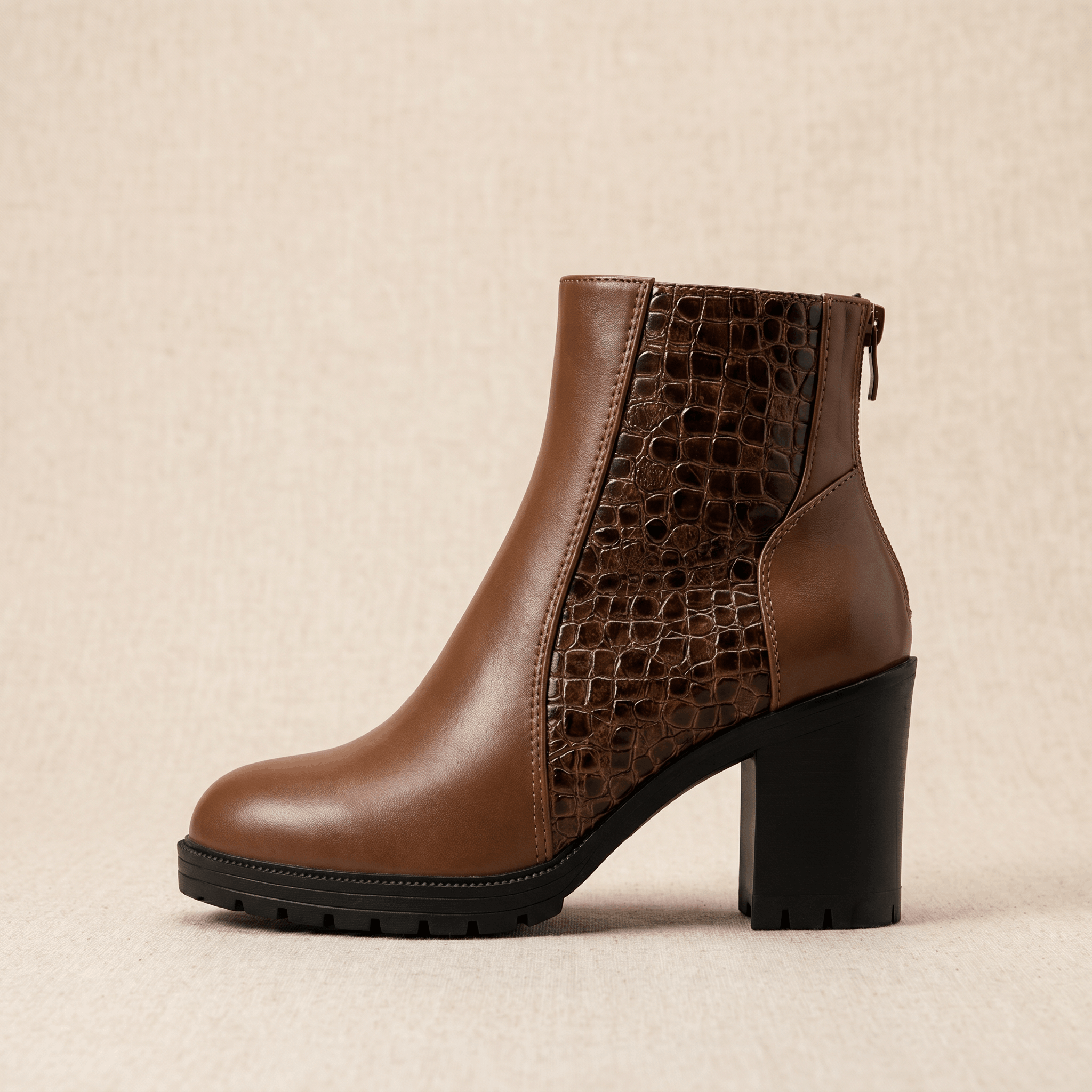 Bettina Croc-Embossed Ankle Boots – Block Heel Zip-Up Cushioned Footwear
