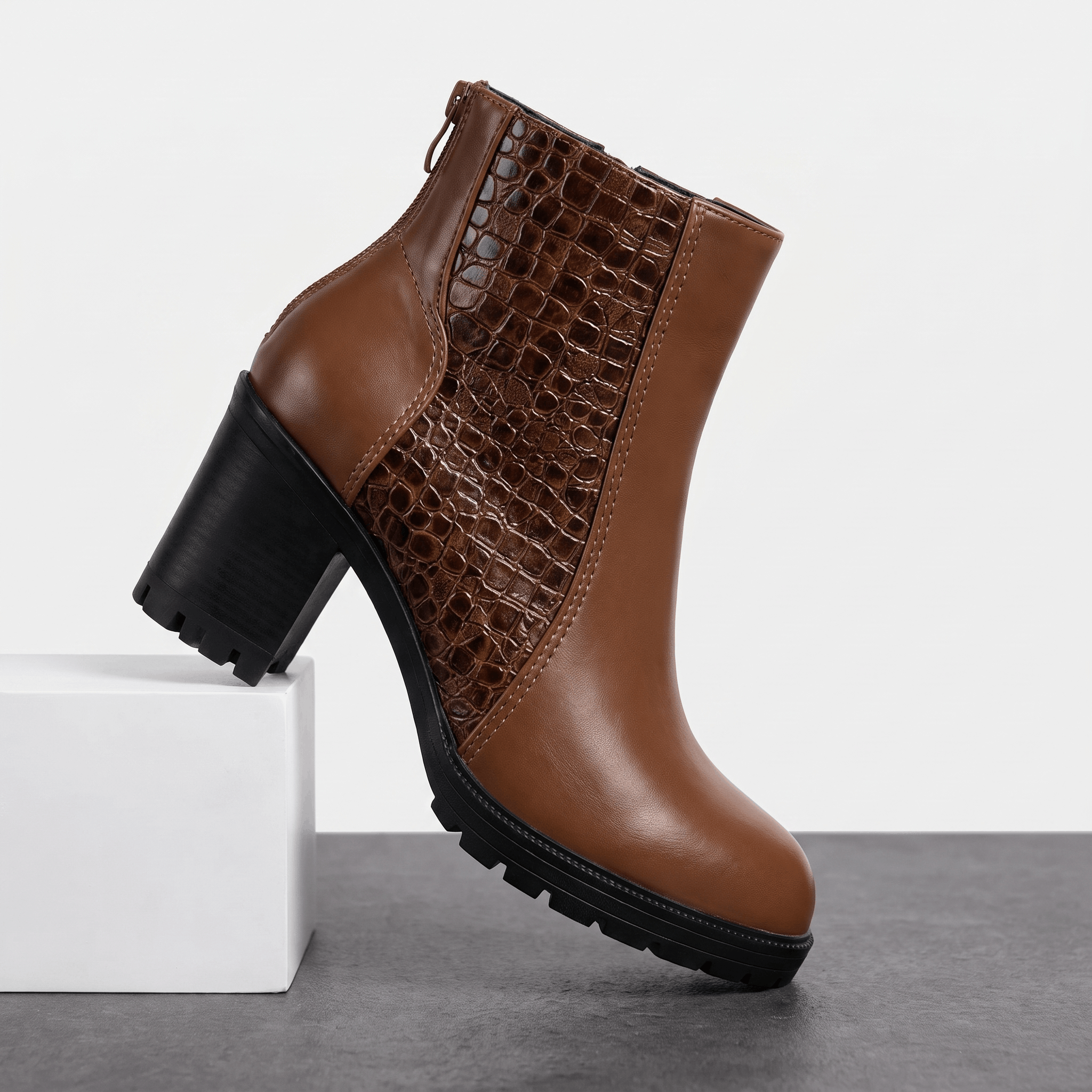 Bettina Croc-Embossed Ankle Boots – Block Heel Zip-Up Cushioned Footwear