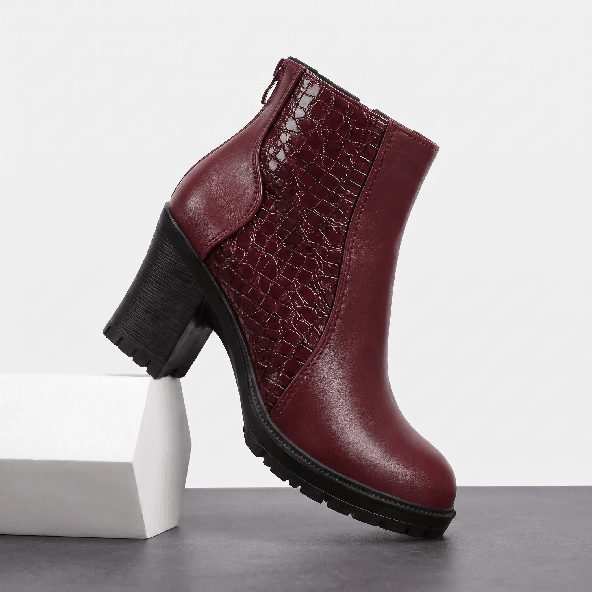 Bettina Croc-Embossed Ankle Boots – Block Heel Zip-Up Cushioned Footwear