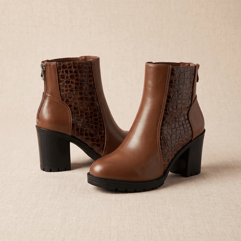 Bettina Croc-Embossed Ankle Boots – Block Heel Zip-Up Cushioned Footwear